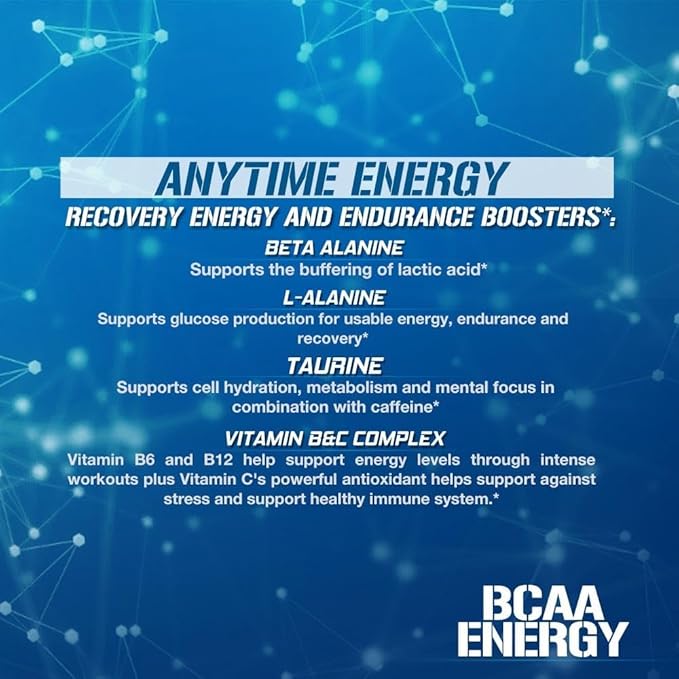 EVL BCAAs Amino Acids Powder - BCAA Energy Pre Workout Powder for Muscle Recovery Lean Growth and Endurance - Rehydrating BCAA Powder Post Workout Recovery Drink with Natural Caffeine - Blue Raz