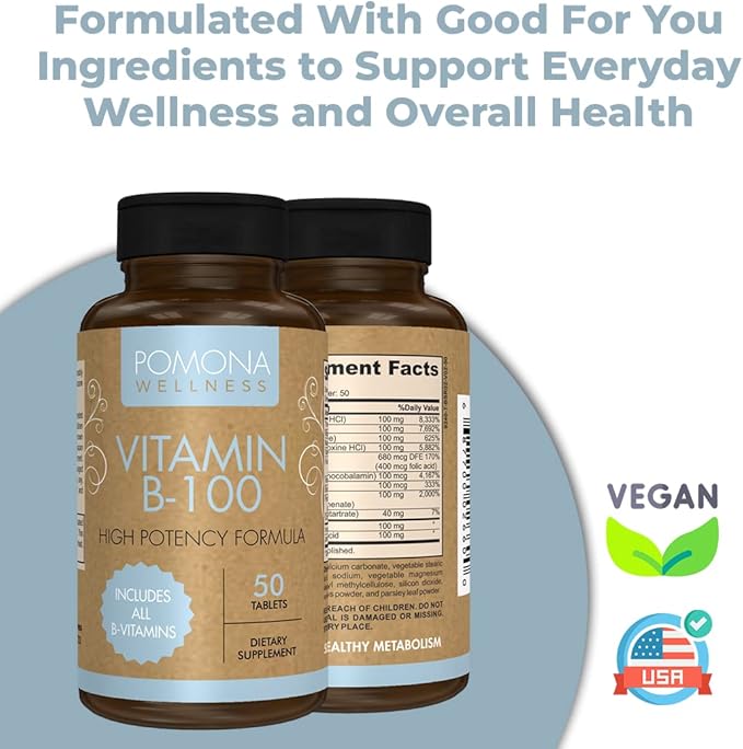 Pomona Wellness Vitamin B Complex Supplement 10 B B12, Supports 50 Tablets