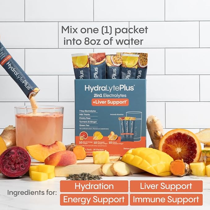 Hydralyte Liver Support + Electrolyte Mix with Milk Thistle, Turmeric, Ginger, Prickly Pear, Green Tea Extract Formulated for Rapid Rehydration (Variety Flavor, 30 Packets)