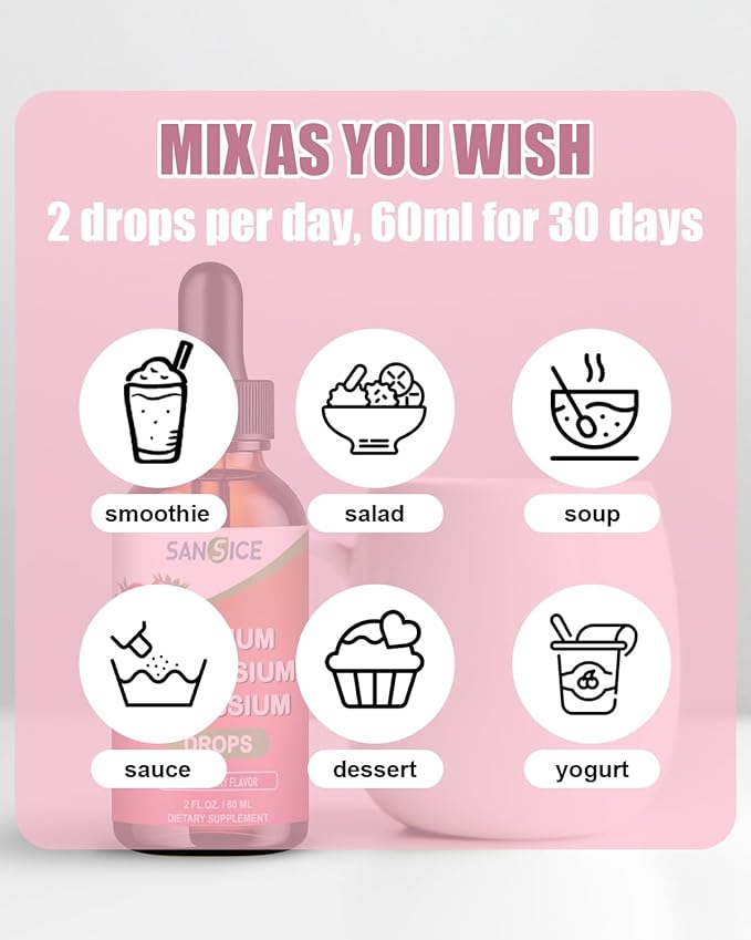 Calcium Magnesium Potassium Supplements,Magnesium Glycinate 400mg (60ml/Strawberry Flavor)
