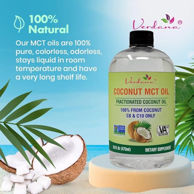 Verdana Coconut MCT Oil, Fractionated, Genuine 100% Coconut Derived, Kosher Food Grade, Vegan, Non-GMO, Great for Keto and Paleo Diet, Ayurvedic Oil Pulling Oral Rinse Mouthwash (16 Fl Oz)
