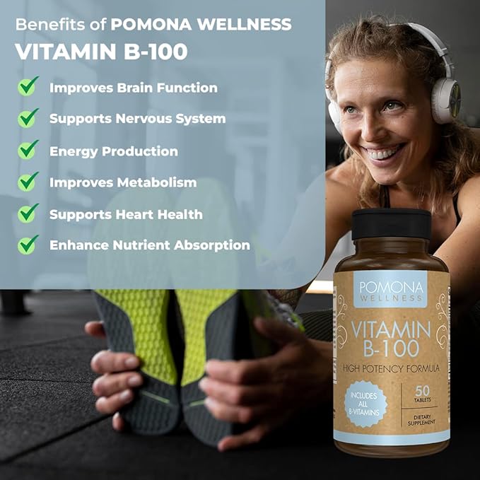 Pomona Wellness Vitamin B Complex Supplement 10 B B12, Supports 50 Tablets