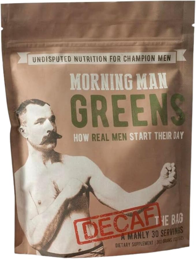 MORNING MAN Greens Powder Decaf, Probiotic Superfood Smoothie Mix with Digestive Enzymes for Gut Health, 75+ Vitamins, 43 Real Whole Foods, Gluten Free, Vegan, Caffeine Free, Non GMO, 30 Servings