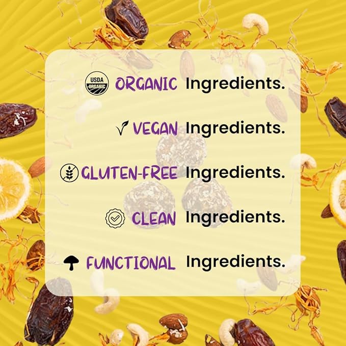 ODD BALLS Organic Energy Balls Lemon - Superfood Mushroom Snack - Running, Cycling, Hiking - Gels, Bars Alternative - Lion's Mane Focus, Cordyceps Energy - Vegan, Gluten Free Snacks for Kids & Adults