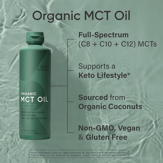 Sports Research Organic MCT Oil - Keto & Vegan MCTs C8, C10, C12 from Coconuts - Fatty Acid Brain & Body Fuel, Flavorless, Non-GMO & Gluten Free - Perfect in Coffee, Tea & Protein Shakes - 16 oz