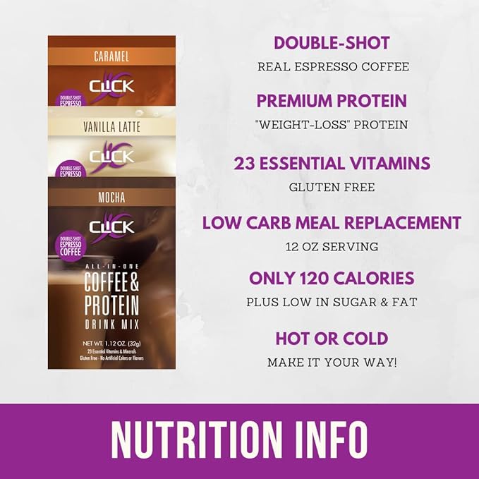 Click Coffee Protein Powder Packets, High (150mg Caffeine), 23 Essential