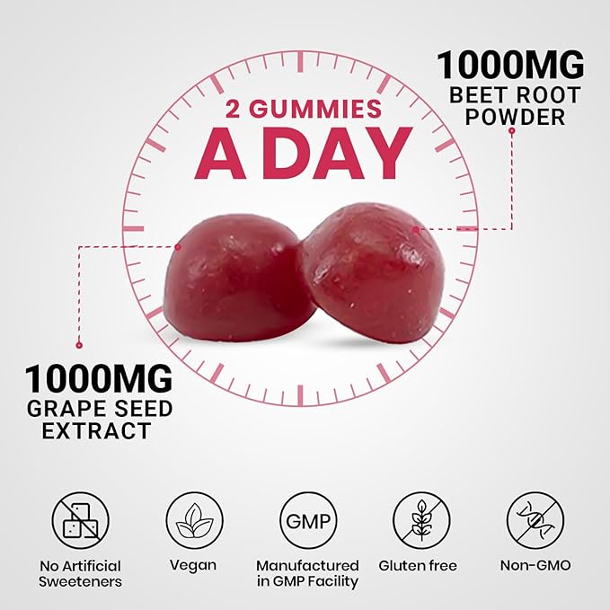 Beet Root Gummies - Super Nitric Oxide Beets Supplement - Red Beetroot Heart Chews with Grape Seed Power & B12- Pomegranate Flavor, 60 Chewables Beets