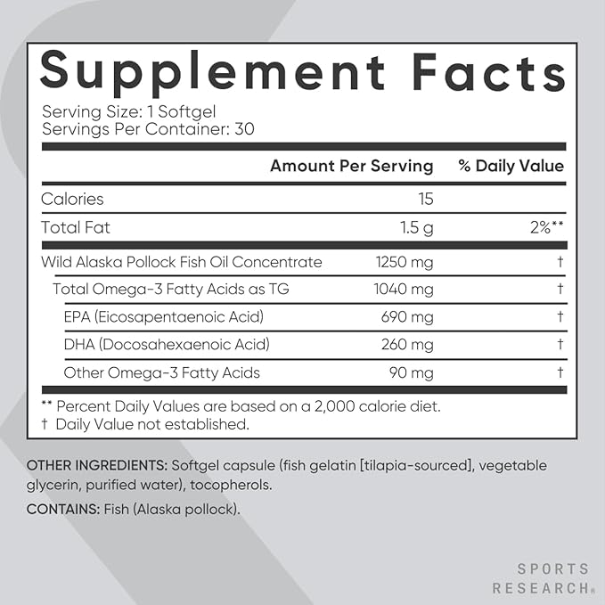 Sports Research Triple Strength Omega 3 1250mg from Omega3s EPA 30 Softgels
