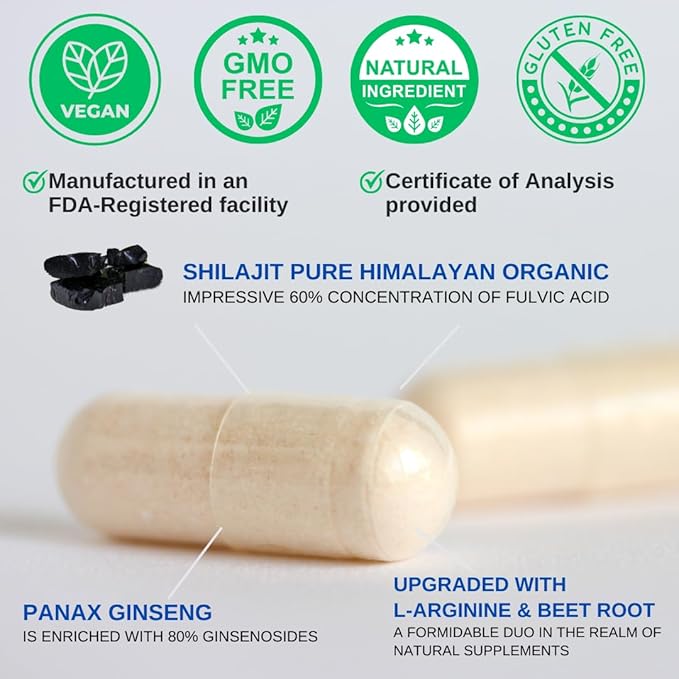 Shilajit Pure Himalayan Capsules (60% Fulvic Acid) 1500mg with