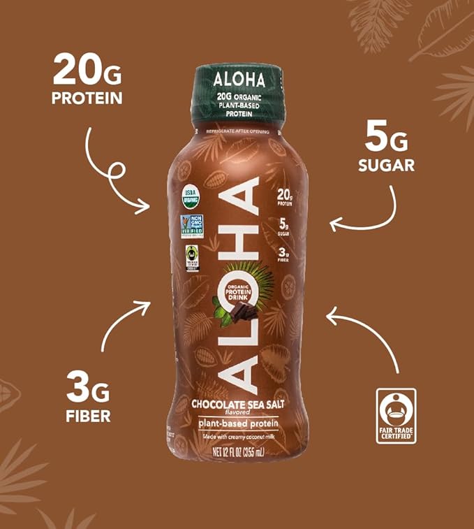 ALOHA Organic Plant Based Chocolate Sea Salt Protein Shake w/MCT Oil (12 ct, 12oz Bottle) 20g Protein, Meal Replacement, Low Sugar & Carb, Gluten-Free, Paleo, Non-GMO, No Soy, Stevia or Sugar Alcohol…