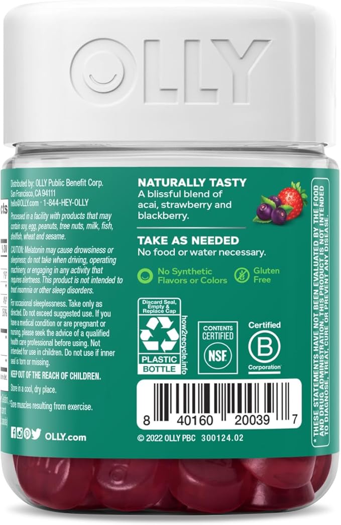 OLLY Muscle Recovery Sleep Gummies, Sleep and Sore Muscle Support, 3mg Melatonin, Tart Cherry, Vitamin D, Berry Flavor - 40 Count