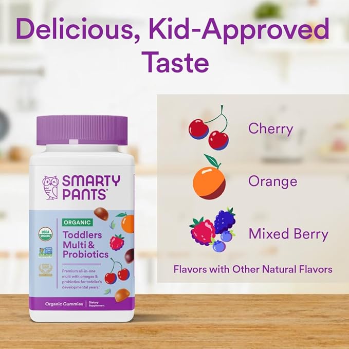 SmartyPants Organic Toddler Multivitamin Gummies: Probiotics, 3 (ALA), D3, C, B12, B6, B6, Vitamin 60 Count (30 Day