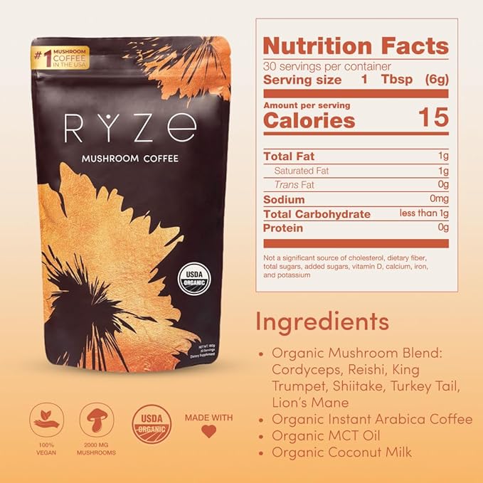 RYZE Mushroom Coffee | 6 Adaptogenic Mushrooms | USDA Organic | Instant Coffee | MCT Oil | USA Grown | Better Energy, Focus, Digestion, Immunity | Cordyceps, Lion’s Mane, Turkey Tail | 30 serving
