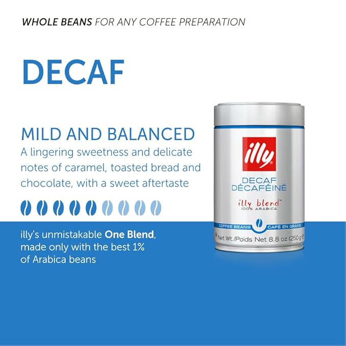 illy Whole Bean Coffee - Perfectly Roasted Whole Coffee Beans – Classico Decaf Roast - with Notes of Caramel, Toasted Bread & Chocolate - 100% Arabica Coffee - No Preservatives – 8.8 Ounce, 6 Pack