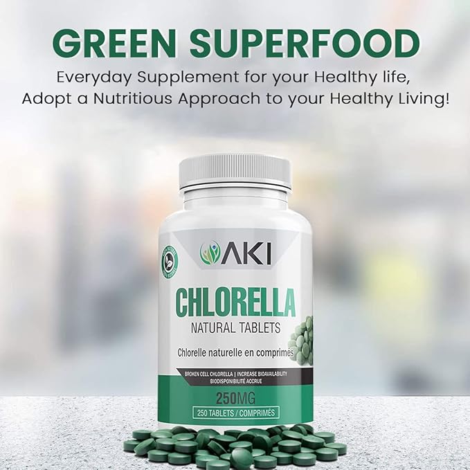 AKI Chlorella Superfood Supplement Tablets (250) B12, Iron,