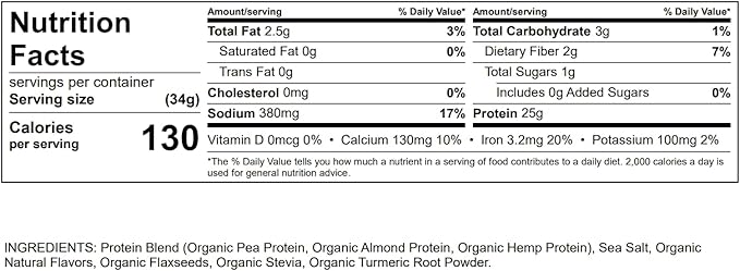 Organic Plant Based Protein Powder, 25g of 454g.