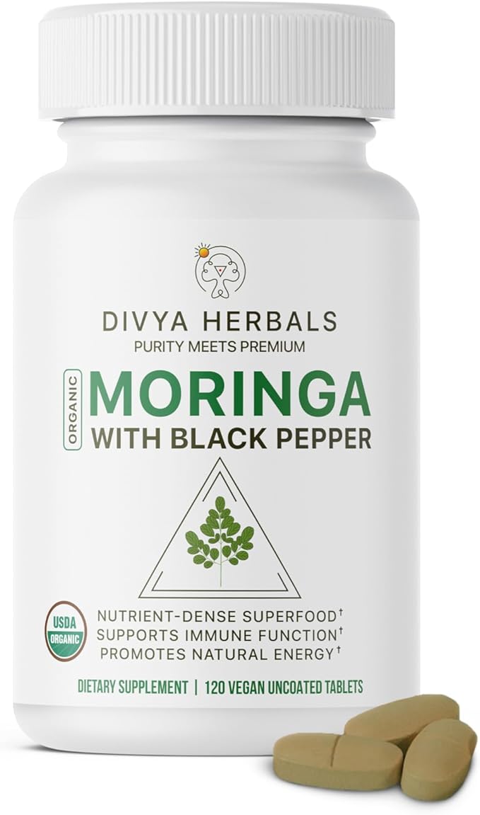 Organic Moringa Supplement (1480mg) with Black Pepper – 92 Nutrients & 46 Antioxidants – Natural Multivitamin for Energy, Immunity, Digestion & Detox – 120 Uncoated Vegan Tablets