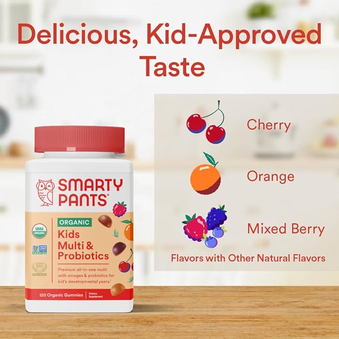 SmartyPants Organic Kids Multivitamin Gummies: Probiotics, 3 (ALA), D3, C, B12, B6, B6, Vitamin 120 Count (30 Day