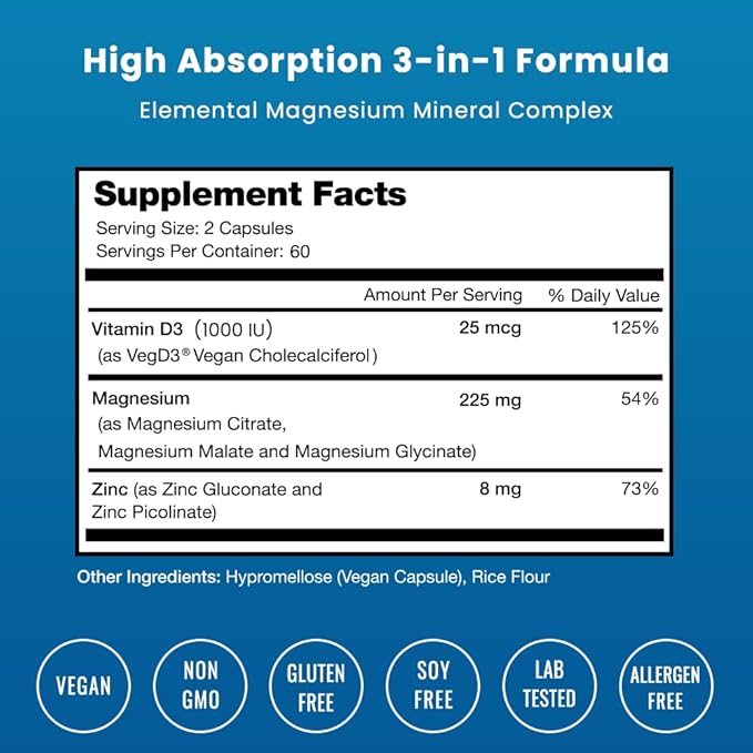 NutraChamps Magnesium Zinc & Vitamin D3 Supplement 120 Vegan