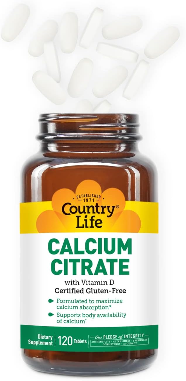 Country Life Calcium Citrate with Vitamin D – 500mg – Highly Absorbable Calcium Supplement – Certified Gluten Free, Vegan, Halal, Non-GMO – 120 Tablets