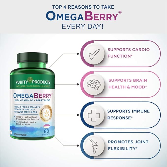 Purity Products OmegaBerry Fish Oil D3 and 1250mg Concentrated Omega-3 Fish 500mg DHA 650mg EPA 60 Soft 30 Day