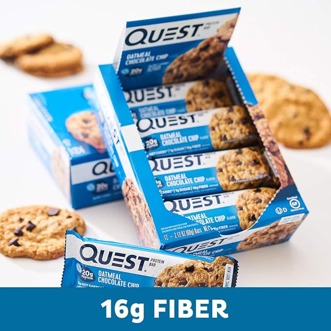 Quest Nutrition Oatmeal Chocolate Chip Protein Bars, 20g Protein, 1g Sugar, 5g Net Carb, Gluten Free, Keto Friendly, 12 Count