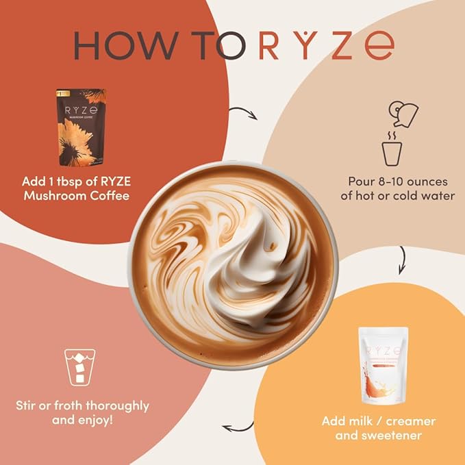 RYZE Mushroom Coffee | 6 Adaptogenic Mushrooms | USDA Organic | Instant Coffee | MCT Oil | USA Grown | Better Energy, Focus, Digestion, Immunity | Cordyceps, Lion’s Mane, Turkey Tail | 30 serving