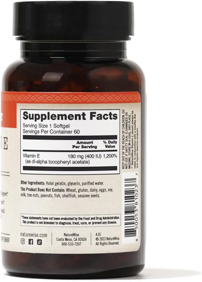 NatureWise Vitamin E 400 IU Softgels (180mg DL-Alpha) 2-Month Supply, 60 Count