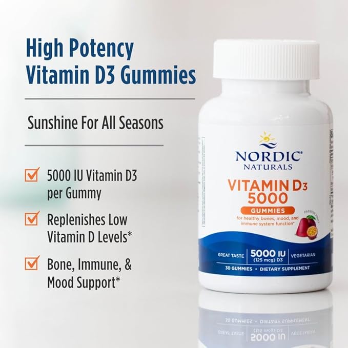 Nordic Naturals Vitamin D3 5000 Gummies, Passion Fruit - 30 Gummies - Support for Healthy Bones, Mood, & Immune System - Vegetarian - Non-GMO - 30 Servings
