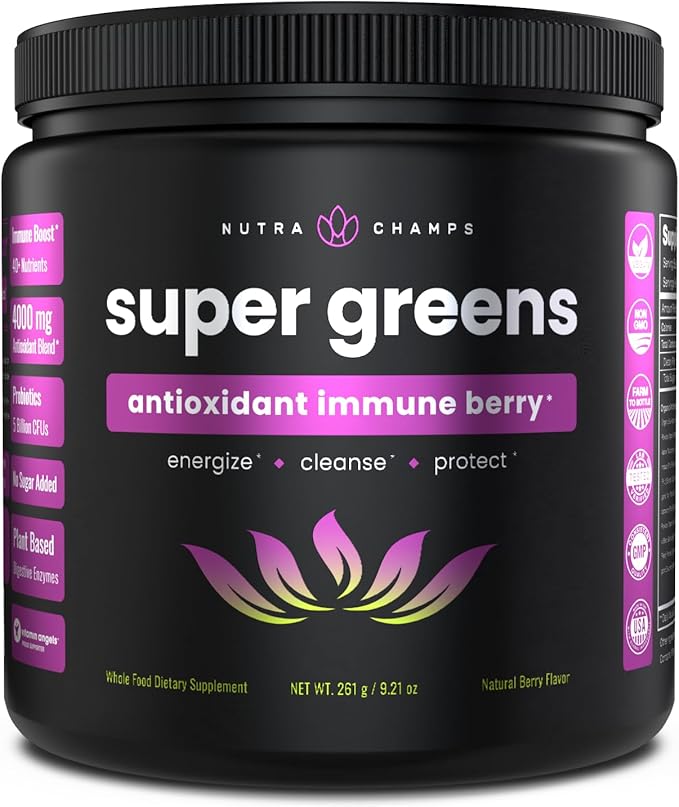 NutraChamps Super Greens Powder Premium Antioxidant Superfood, 40+ Greens and Superfoods Including Wheatgrass & Spirulina, Probiotic Powder Greens, Sweet Berry