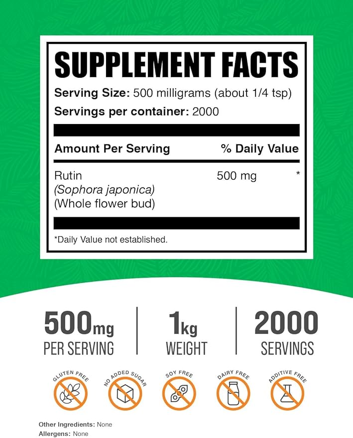 BulkSupplements.com Rutin Powder - from Sophora Japonica, Rutin Supplement, Rutin 500mg - Antioxidants Source, Soy Free, 500mg per Serving, 1kg (2.2 lbs) (Pack of 1)