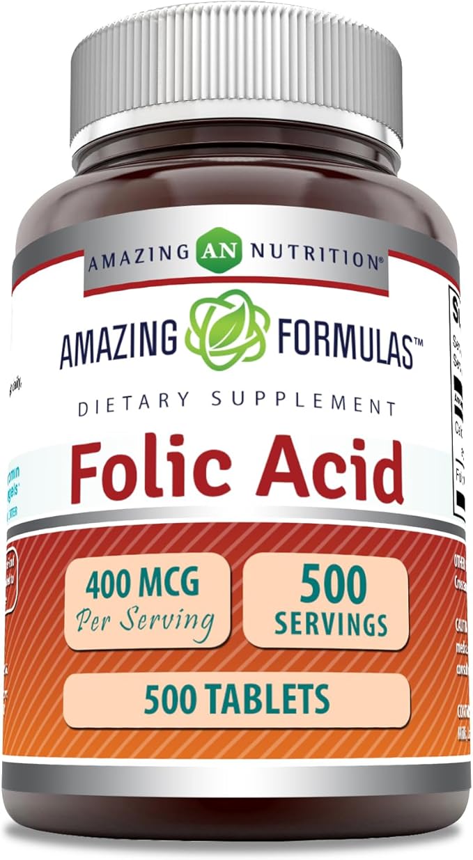Amazing Formulas Folic Acid (Vitamin B9) 400 Mcg Supplement | 500 Tablets | Non-GMO | Gluten Free | Made in USA