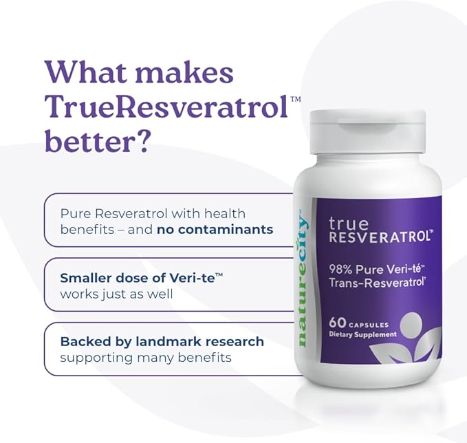 NatureCity TrueResveratrol – Resveratrol Supplement & Anti-Aging Support with 75mg Trans-Resveratrol (98% Pure Veri-te) for Heart, Immune, Bone & Cognitive Health | 60 Veggie Capsules