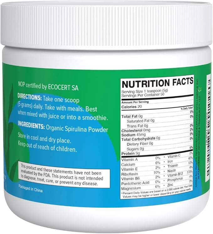 MATCHA DNA DNA707 Premium Organic Spirulina Powder 83 Servings (8.82 oz 250g) Sustainably 100% Vegetarian (250 g