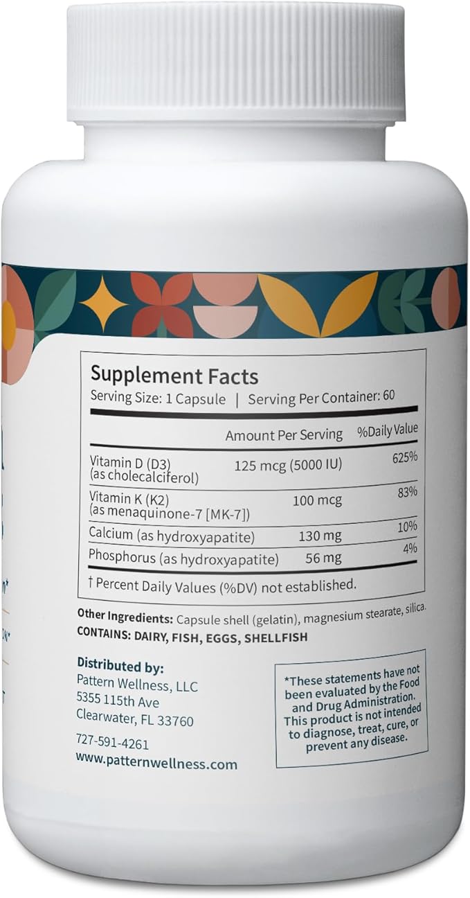 Pattern Wellness Vitamin K2 & D3 Supplement with Calcium - Pure Synergistic Complex - Whole Body Health - Bone Health & Cardiovascular Support - 60 Capsules