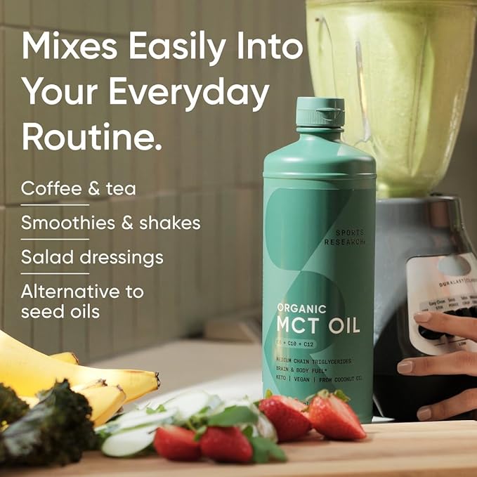 Sports Research Organic MCT Oil - Keto & Vegan MCTs C8, C10, C12 from Coconuts - Fatty Acid Brain & Body Fuel, Flavorless, Non-GMO & Gluten Free - Perfect in Coffee, Tea & Protein Shakes - 16 oz