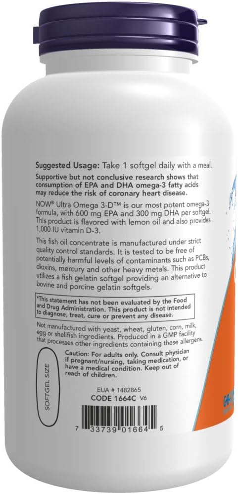 NOW Supplements, Ultra Omega 3-D™, Omega-3 D-3, Cardiovascular 180 Softgels