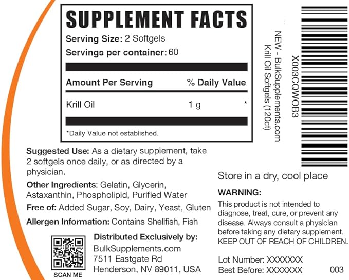BulkSupplements.com Krill Oil 1000mg Softgels 3, 2 2 Krill (1000mg), 120 120 Softgels