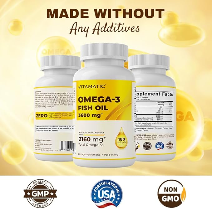 Vitamatic Triple Strength Omega 3 Fish 3600mg Per 2160mg Omega 3 Fatty 1296mg EPA 864mg DHA, 180 Softgels