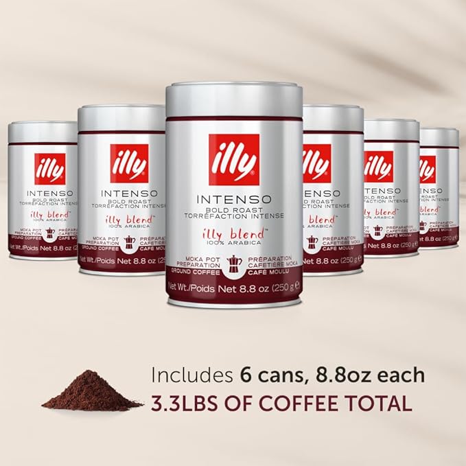 illy Ground Coffee Moka - 100% Arabica Flavored Coffee Ground - Rich Aromatic Coffee Grounds Profile – Intenso Dark Roast – Warm Notes of Cocoa & Dried Fruit - No Preservatives – 8.8 Ounce, 6 Pack