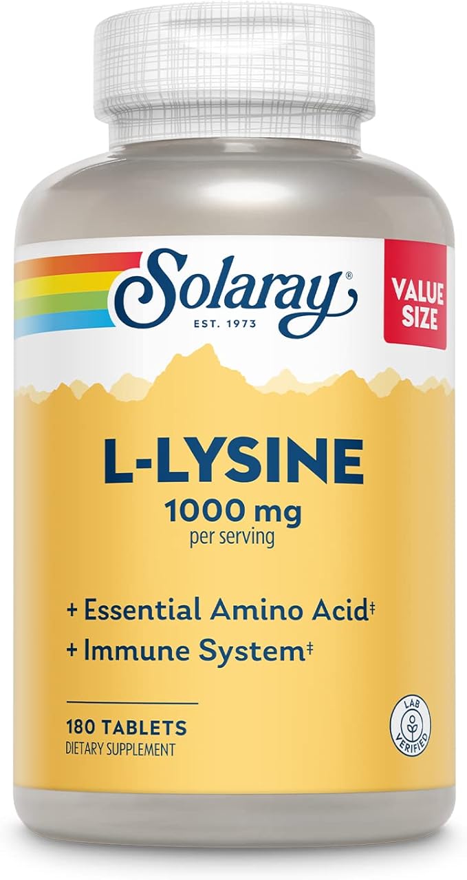 SOLARAY L-Lysine, Free-Form 1000 mg, Essential 1,000 mg 25 mg, 60-Day Guarantee, 60 Servings, 180 Tablets