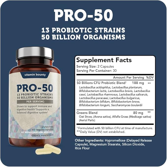 Vitamin Bounty Pro-50 Probiotic - 50 Billion Organisms and 13 Probiotic Strains That Promote Gut Health, Digestive Health Probiotic, Delayed Release Capsule with Prebiotic Greens - 60 Capsules