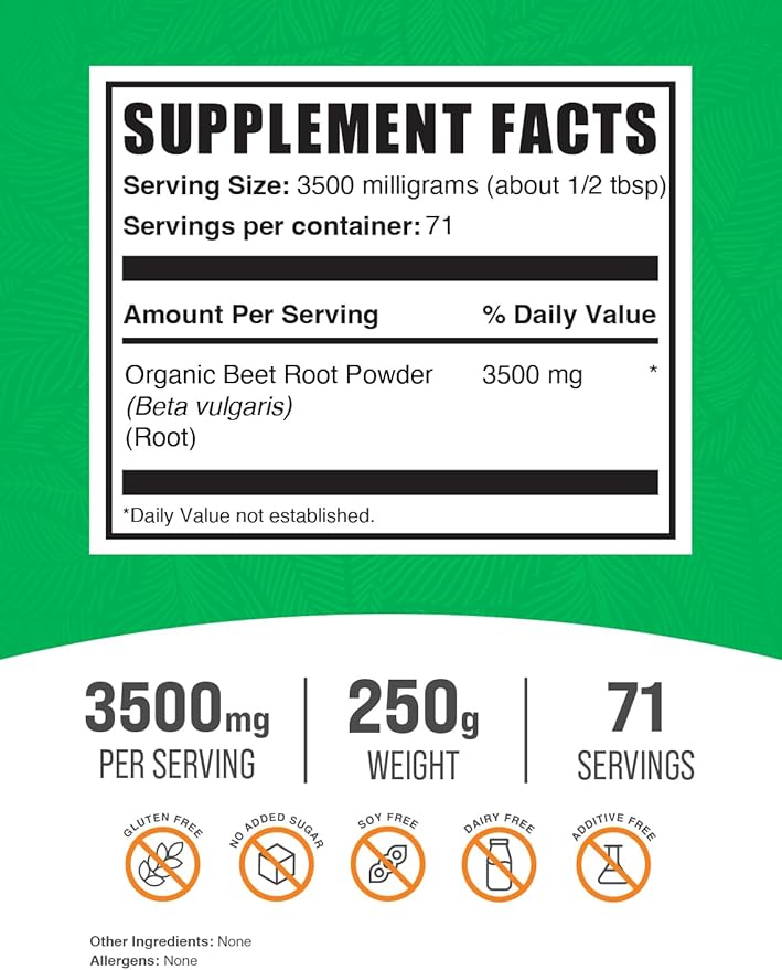 BulkSupplements.com Organic Beet Root Powder - Beet Powder Organic, Beetroot Supplement - Superfood Supplement, Vegan & Gluten Free - 3500mg per Serving, 250g (8.8 oz) (Pack of 1)
