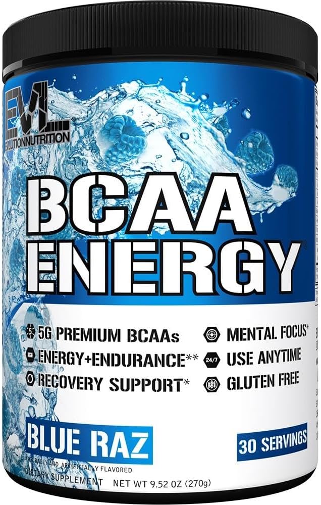 EVL BCAAs Amino Acids Powder - BCAA Energy Pre Workout Powder for Muscle Recovery Lean Growth and Endurance - Rehydrating BCAA Powder Post Workout Recovery Drink with Natural Caffeine - Blue Raz