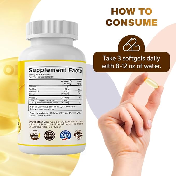 Vitamatic Triple Strength Omega 3 Fish 3600mg Per 2160mg Omega 3 Fatty 1296mg EPA 864mg DHA, 180 Softgels