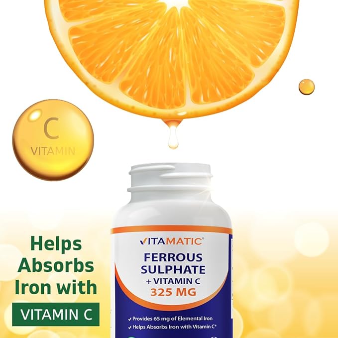 Vitamatic Ferrous Sulphate 325 mg + Vitamin C 100 mg - (65 mg Elemental Iron) High Potency Iron Supplement | No Artificial Color Additives - 250 Coated Tablets - Made in USA