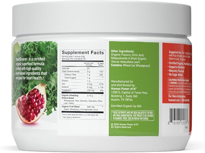 humanN HeartGreens | Superfood Organic Powder with Wheatgrass, Kale, Spinach, and Spirulina, USDA Organic Non-GMO, from The Makers of SuperBeets (Green Apple Flavor, 5.29-Ounce