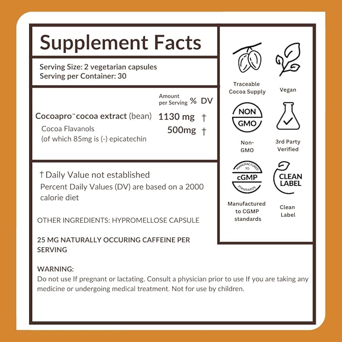 CocoaVia Cardio Health Supplement, 30 Day, 500mg Cocoa Flavanols, Support Heart Health, Boost Nitric Oxide, Blood Circulation, Energy, Vegan, Dark Chocolate, 60 Capsules