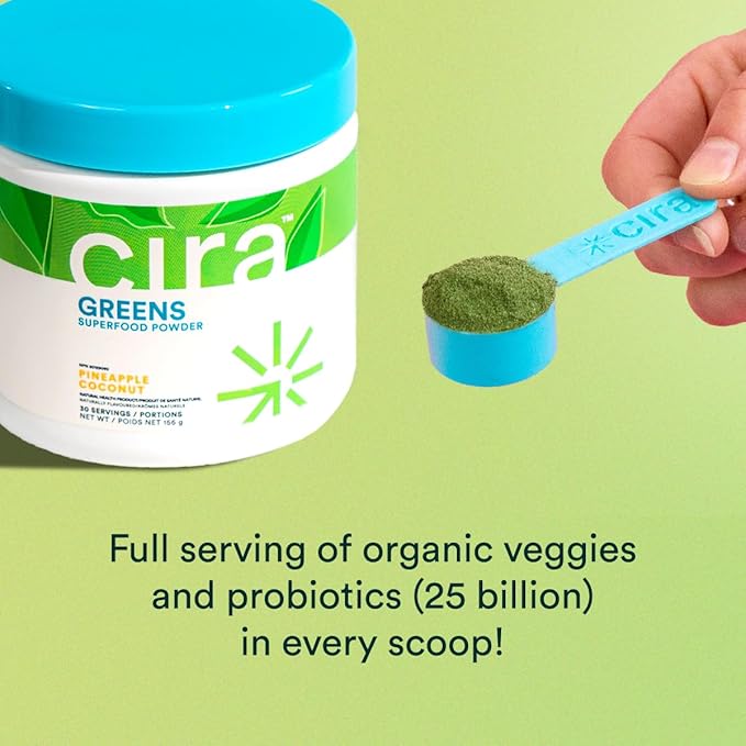 Cira Daily Greens - Naturally Sweetened, Organic Spirulina Superfood Powder with Premium, Antioxidant-Rich Ingredients for Debloating, Digestion, & Energy - Pineapple Coconut, 30 Servings