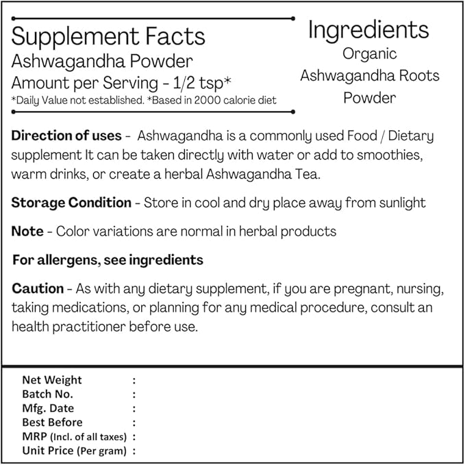 100% Organic Ashwagandha Powder- Withania Somnifera- 227g (0.5 (0.5 LB) 8 oz